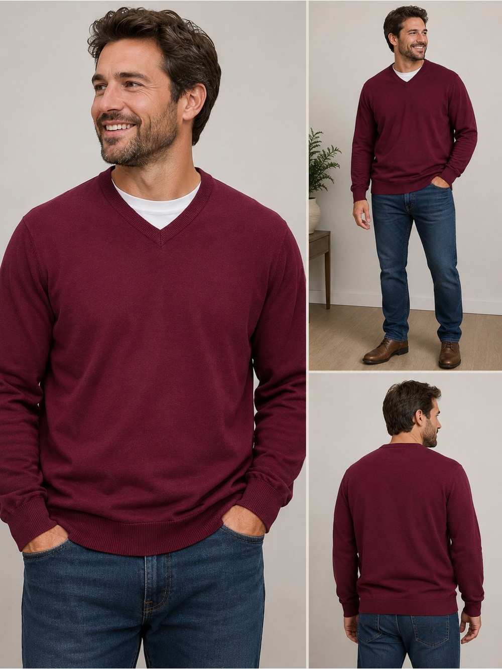 Thomas Dean Men’s Large Burgundy 100% Extra Fine Merino Wool V-Neck Sweater L